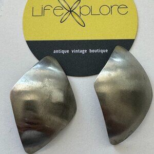 Contemporary Brushed Silver Elongated Rectangle Earrings | Vintage